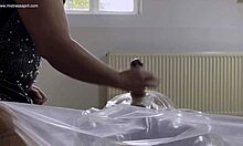 dominatrix mistress april gives fresh warm pee in outdoor homemade toilet with electro pussy massage and piercing fetish.