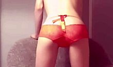 Shooting slender Japanese girl in red sexy shorts