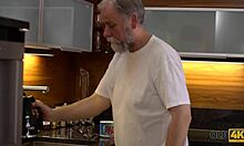 Young girl rides old husband cowgirl after tea, enjoying cunilingus and hardcore sex on sofa