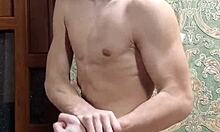 flex skinny boy in underwear showing off muscular bodybuilder moves