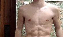 flex skinny boy in underwear showing off muscular bodybuilder moves