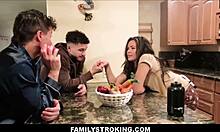 Watch this latina teen stepsister threesome with big dick stepbrothers in the kitchen