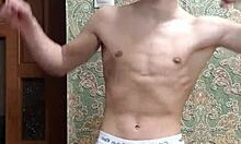flex skinny boy in underwear showing off muscular bodybuilder moves