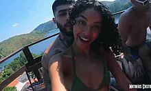 swinging couples fuck two naughty brunettes' pussies in public spot - teaser