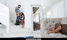 Stepdaughter flashes her pussy boldly to her stepdad for intense attention before sucking him in cowgirl.