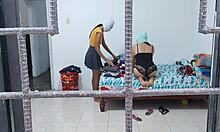 horny housewives touch each other's tits and buttocks while doing housework