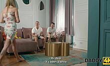 Girl says to father-in-law: make art with me, old man. He agrees: yes, on sofa.