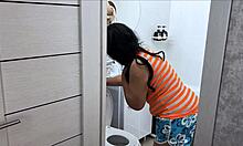 stepmom on toilet gets caught by stepson who fucks her anal, taboo and sexy
