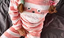 Petite Teen in Pajamas Gently Touches Small Breasts While Exploring Self to Calm Release