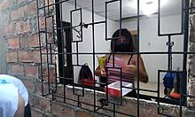 Horny latina woman masturbates with sex toys from salesman.