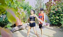 Desi yoga teacher seduces her 18-year-old student outdoors in hindi movie.