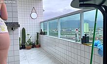 voyeur watches latina neighbor clean in shorts