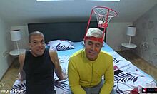 so these football fans are having a threesome with the stepson who has a massive cock, it's wild