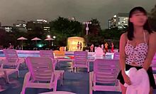 Night Pool Close-Up of 19-Year-Old College Girl's Natural Tits