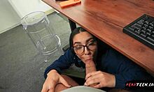 Sneaky classroom blowjob under the table with big ass