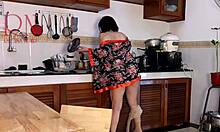 Housewife in pantyhose gets intense orgasm while cooking in kitchen