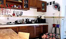 Housewife in pantyhose gets intense orgasm while cooking in kitchen