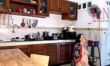 Housewife in pantyhose gets intense orgasm while cooking in kitchen