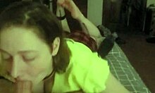 Laying on her stomach for deepthroating session