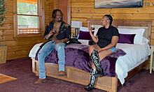 The sexy cowgirl rides the big black cock roughly in her skirt, getting oiled and sloppy