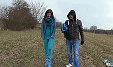 public threesome adventure with a bold brunette outdoors