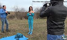 public threesome adventure with a bold brunette outdoors