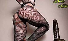 Pawg in sexy black tights rides big dildo close up