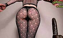 Pawg in sexy black tights rides big dildo close up