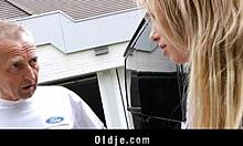 lucky grandpa fucks sexy teen blonde in van with cowgirl riding