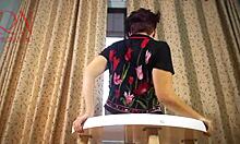 Nice Lady in Pantyhose and Heels Striptease at the Round Table