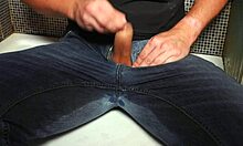 Guy wets jeans with pee then gets cumshot outdoors