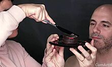 Brunette couple cums on food in fetish scene