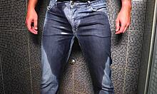 Guy wets jeans with pee then gets cumshot outdoors