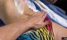 Public Encounter With Stepmom And Stepdaughter On Beach - Risky Flashing And Facial