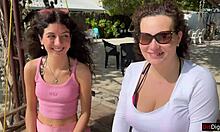 Public Encounter With Stepmom And Stepdaughter On Beach - Risky Flashing And Facial