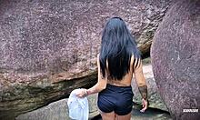 adorable girl performs deep blowjob and pussy play in public pov