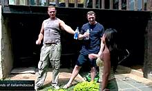 Hey, gorgeous oriental brunette getting double penetration in the garden 😍