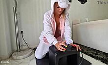 Blonde milf in unicorn costume rides sybian vibrator intensely, squirting hard.