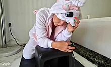 Blonde milf in unicorn costume rides sybian vibrator intensely, squirting hard.