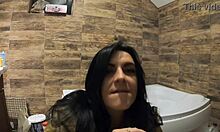 Milfy Calla indulges in pee play in the bathtub wearing fur coat and pantyhose