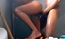 Ebony babe with tight wet pussy gets double fucked and cums on ass