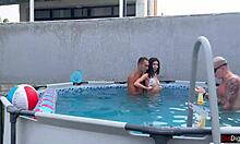 Crazy gangbang party by the pool with rough sex creampies and double penetrations
