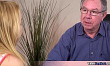 Rebecca, the young blonde teen, gets a free pussy from her old teacher to improve her grades today 😈