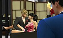 Asian wife shares table with old friend and cuckold husband