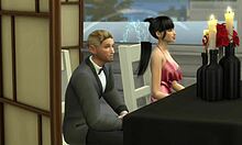 Asian wife shares table with old friend and cuckold husband