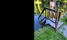 Summer memory of a pretty brunette flashing on the beach.