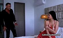 Busty latina humps pillow then gets real cock for intense play.