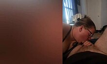 Amateur with piercings gives sloppy blowjob to fat guy