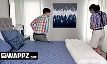 Fit teen stepsiblings in living room session with blonde.