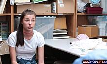 Very cute brunette teen shoplifter fucks security guard with blowjob for freedom in reality